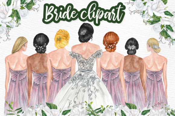 Bride & Bridesmaids Clip-Art: Hand-Painted Watercolor Elegance