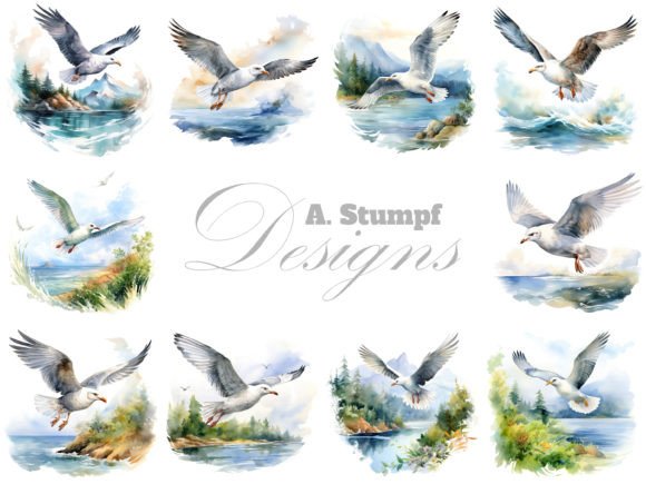 Flying Seagull Watercolor Bird Clipart: Coastal Charm for Your Designs