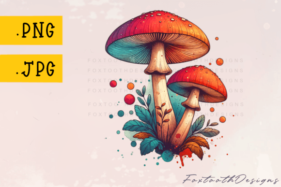 Two Colorful Watercolor Mushrooms PNG: A Whimsical Design Asset