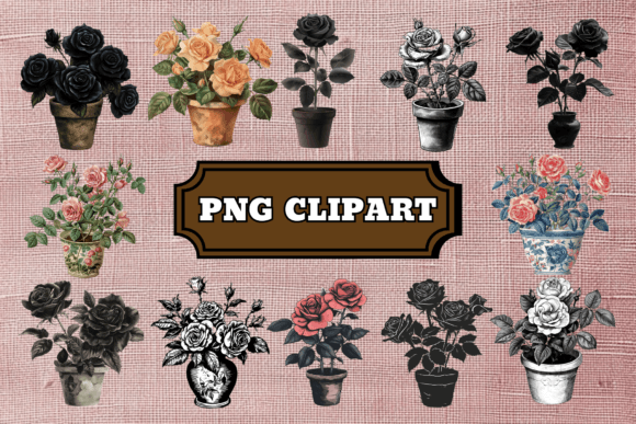 Unleashing Moody Botanicals: The Black Roses in Pot Clipart Set