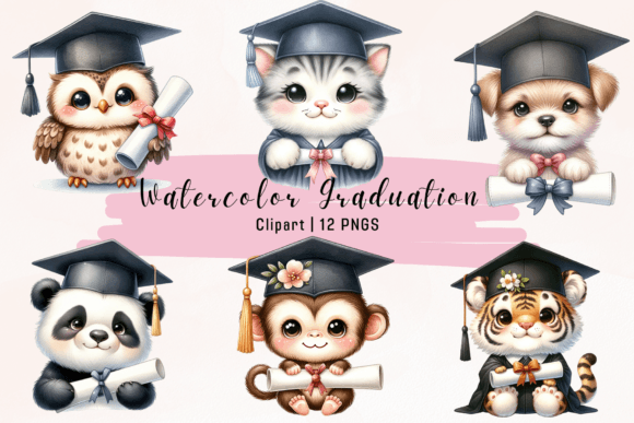 Watercolor Graduation Clipart PNG Bundle for 2024 Designs