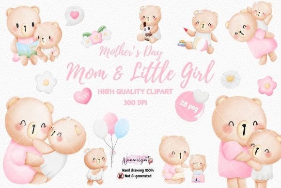 Watercolor Mom and Girl Clipart: Adorable Bear Designs