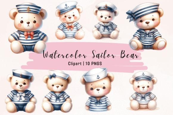 Watercolor Sailor Bear Clipart: Adorable Nautical Design Assets