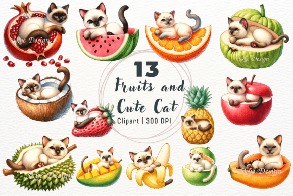 Watercolor Summer Fruits and Cat Clipart: A Fresh Design Asset